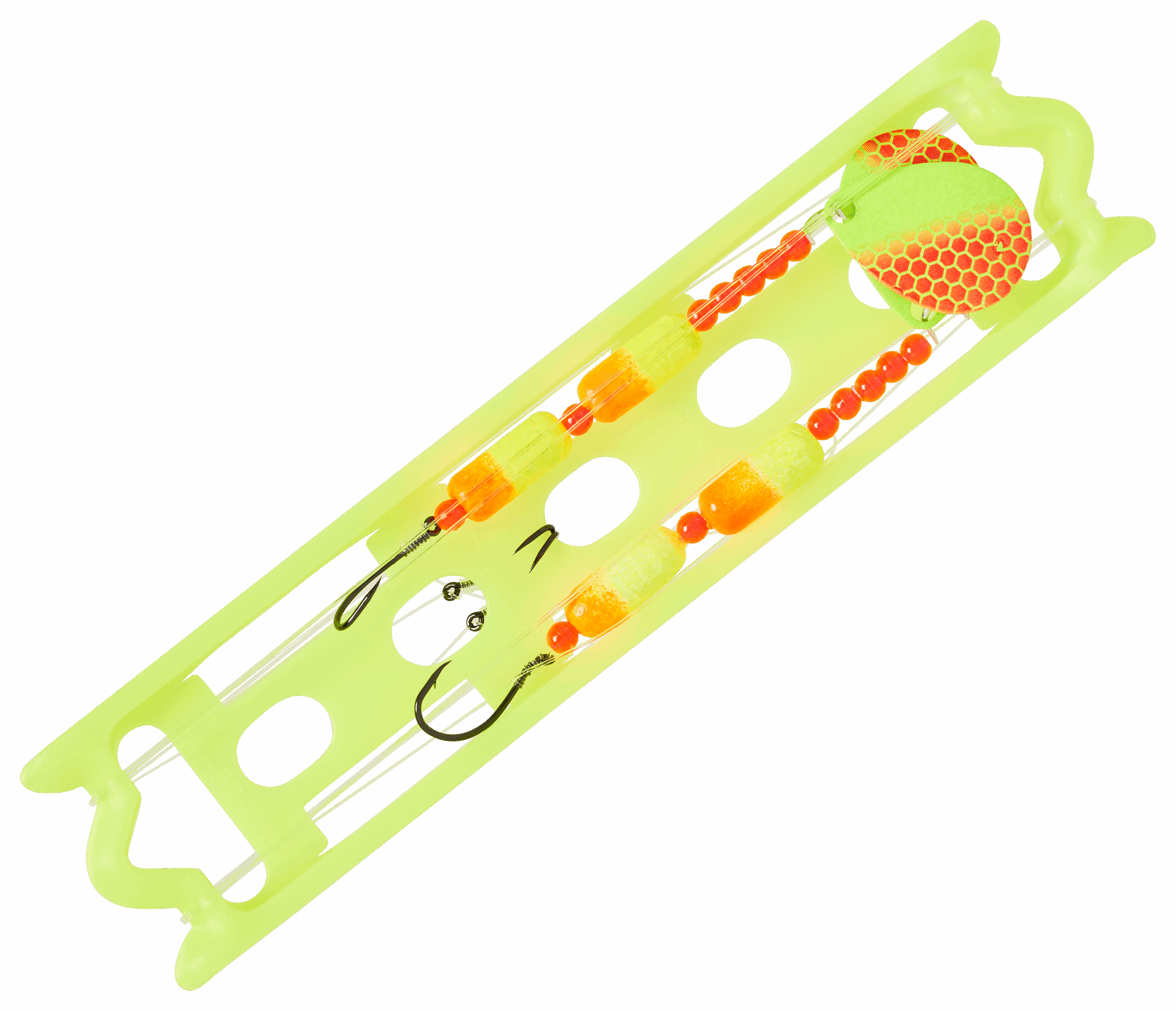 Bass Pro Shops Walleye Angler 2-Hook Floating Spinner Harness Rig 2-Pack - 36" - Chartreuse/Orange Scale