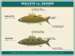 Labeled comparison of a walleye and a sauger showing the white tail tip, spiny-fin markings, and body saddles